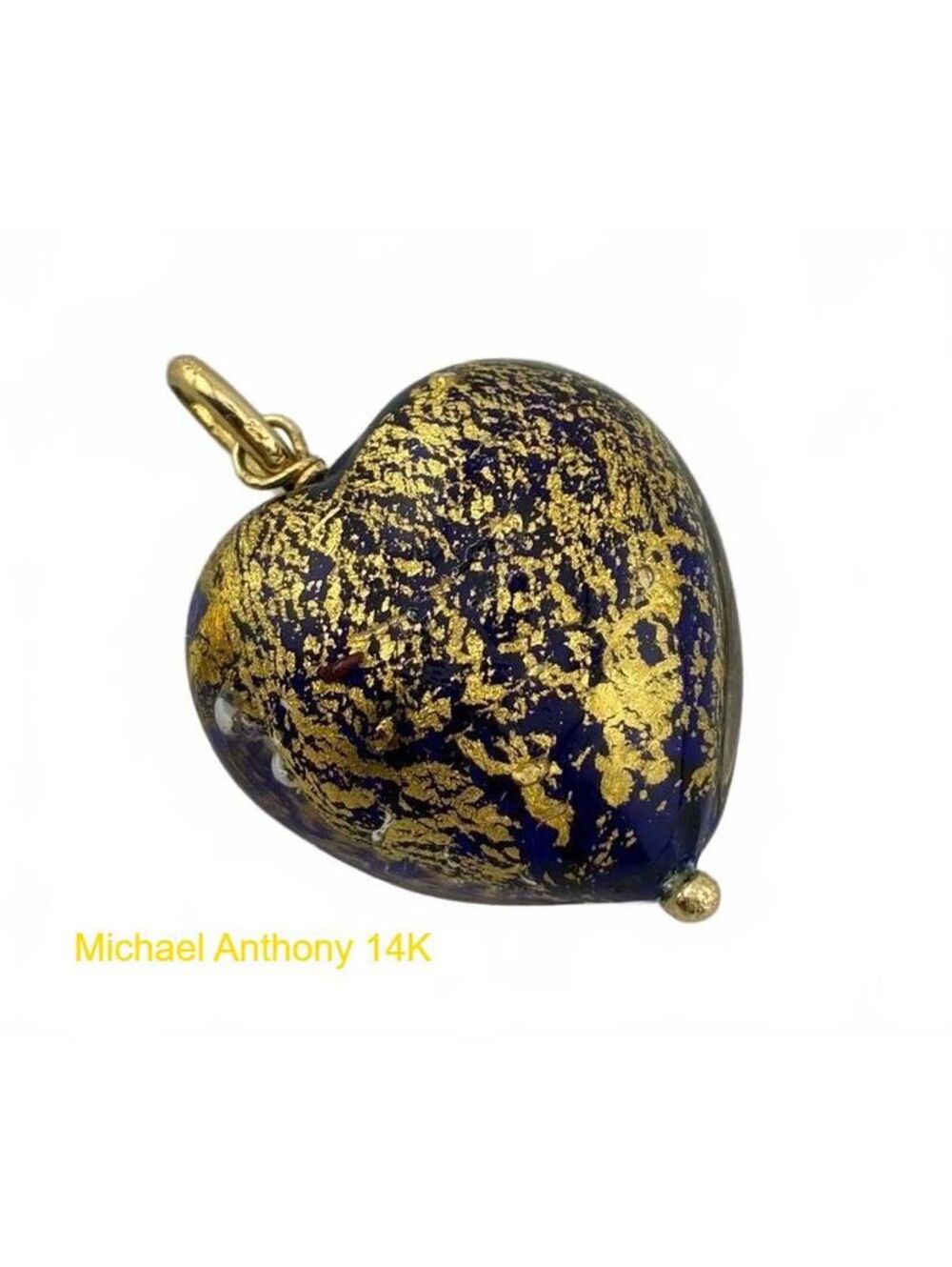 Michael Anthony 14K Gold Blue Murano style Glass Gold Foil Puffy Heart Pendant